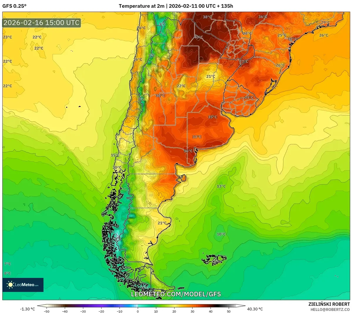 Temperaturas máximas en la Pampa el 16 de febrero de 2026 (GFS)