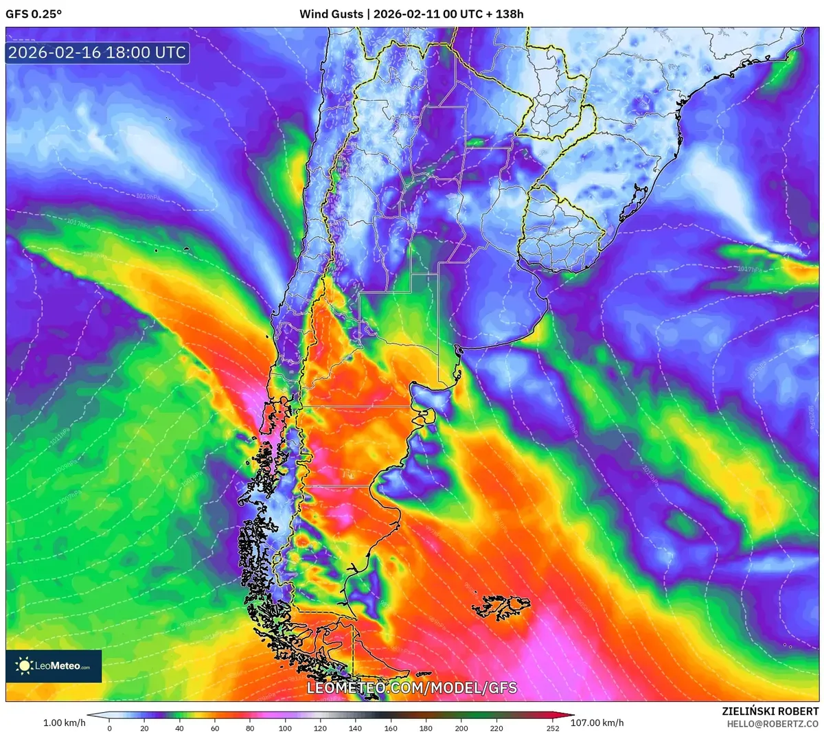 Fuertes vientos costeros el 16 de febrero de 2026 (GFS)