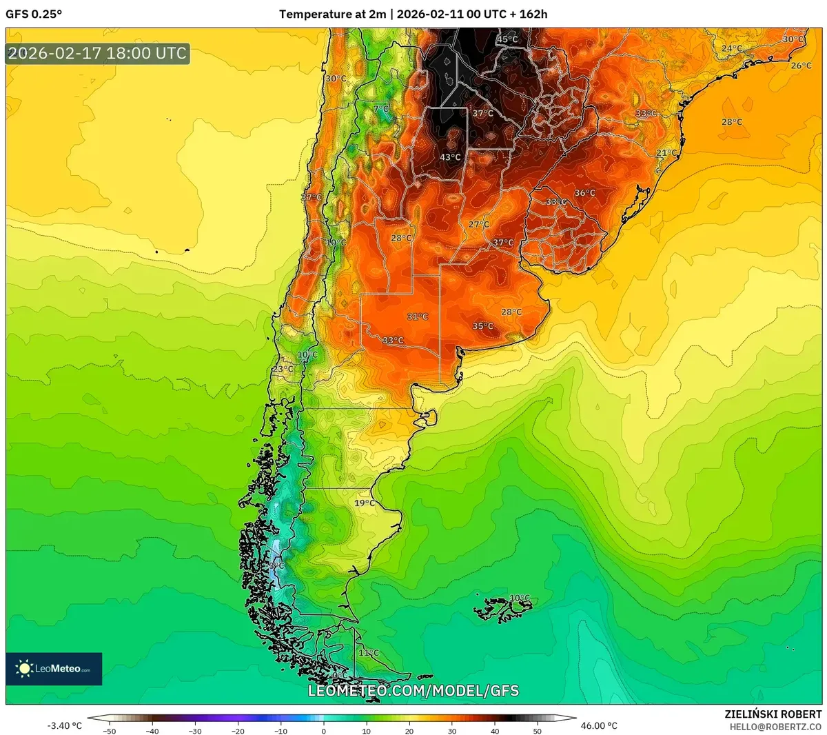 Pico de calor vespertino en el norte de Argentina el 17 de febrero de 2026 (GFS)