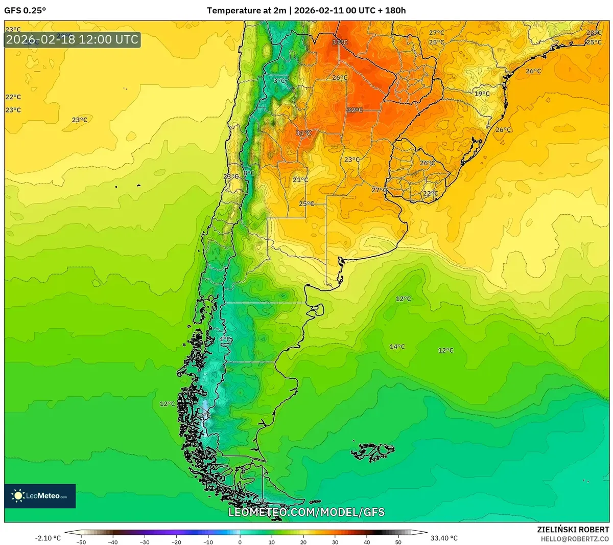 Calor extremo en Rosario, Argentina, el 18 de febrero de 2026 (GFS)