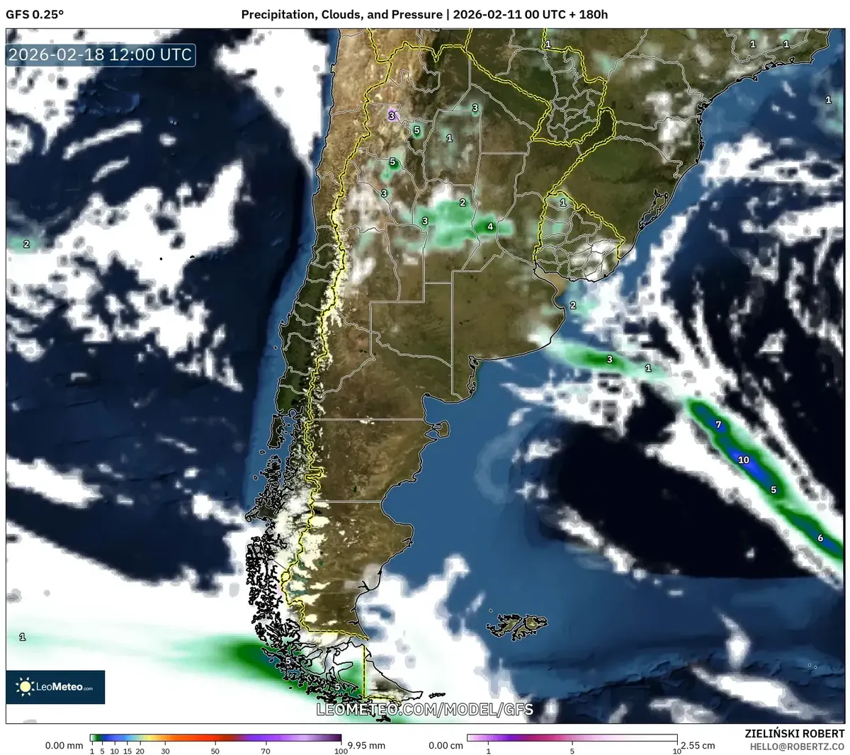 Lluvias significativas en el centro de Argentina el 18 de febrero de 2026 (GFS)