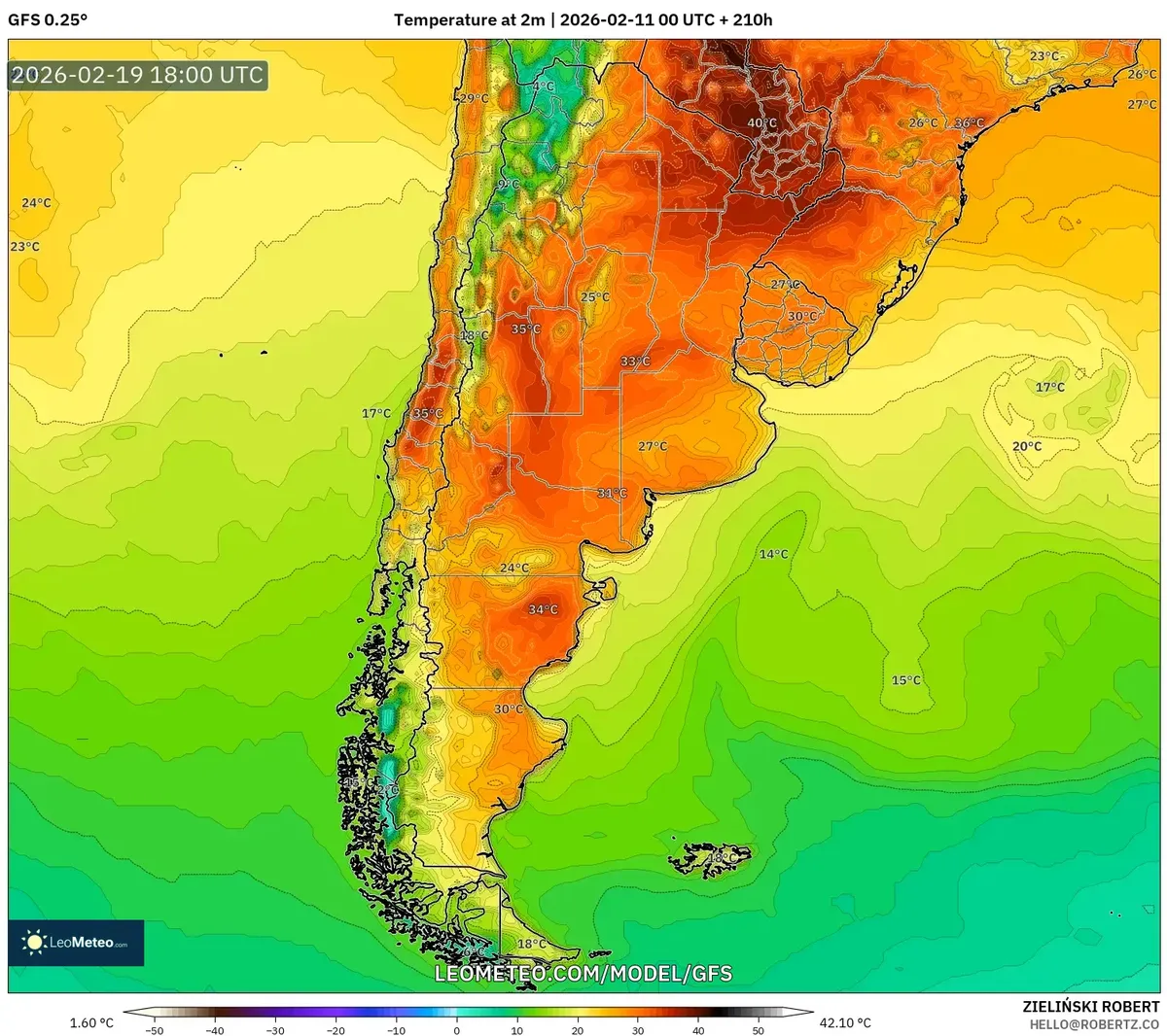 Pico de calor vespertino en Argentina el 19 de febrero de 2026 (GFS)