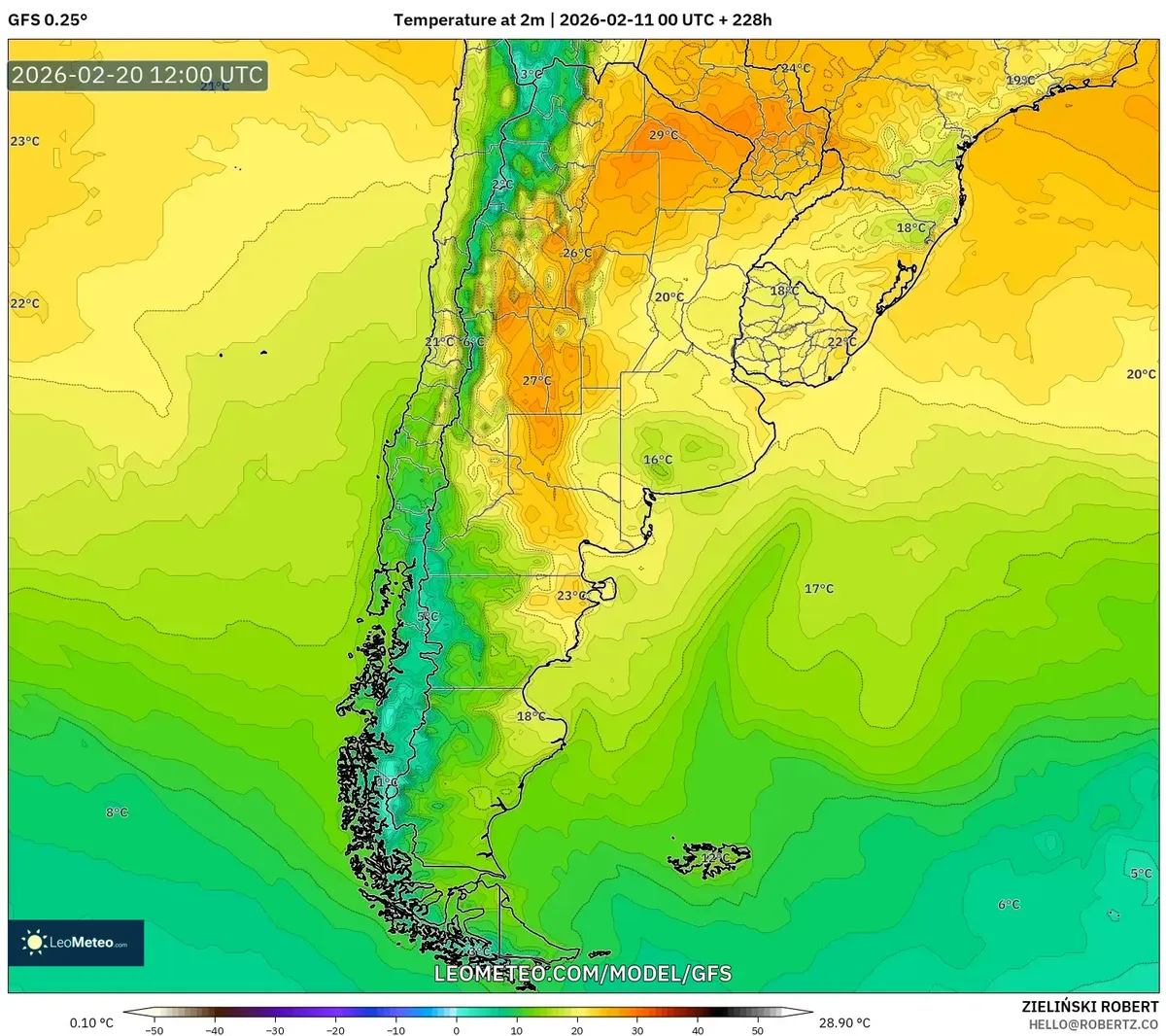 Tardes cálidas en Córdoba el 20 de febrero de 2026 (GFS)