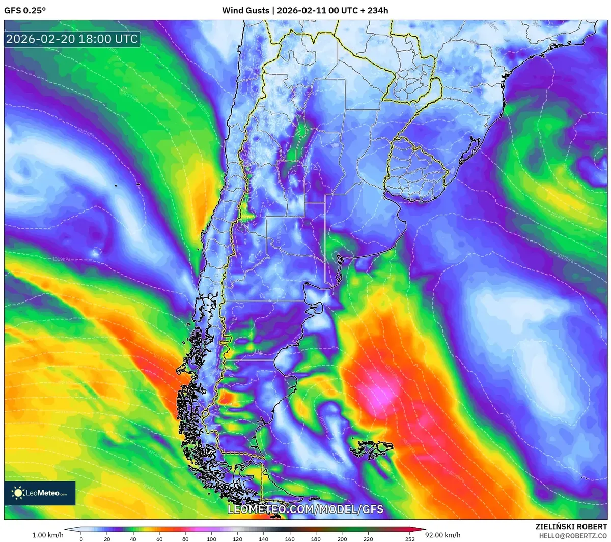 Condiciones ventosas en la costa el 20 de febrero de 2026 (GFS)