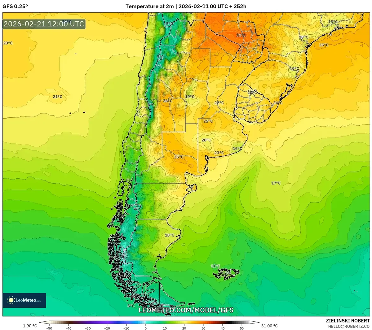 Máximas en el centro de Argentina el 21 de febrero de 2026 (GFS)