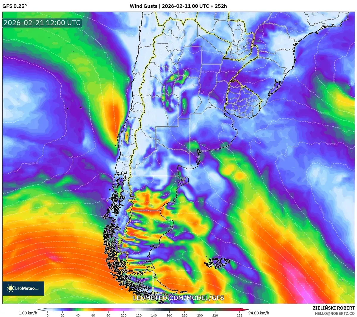 Ráfagas de viento en la costa argentina el 21 de febrero de 2026 (GFS)