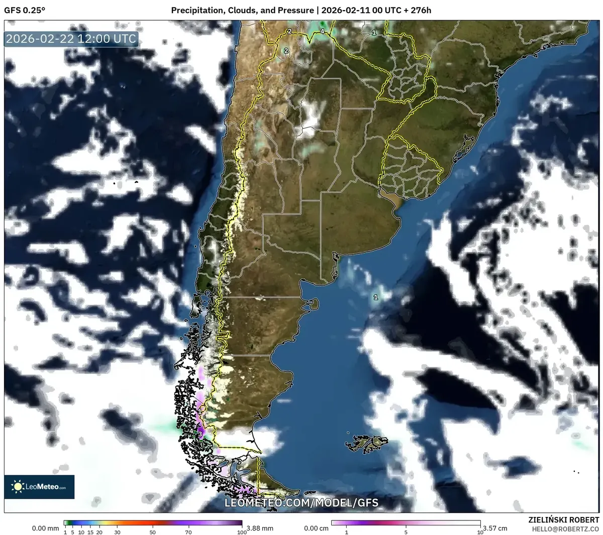Lluvias significativas en la región de Salta el 22 de febrero de 2026 (GFS)
