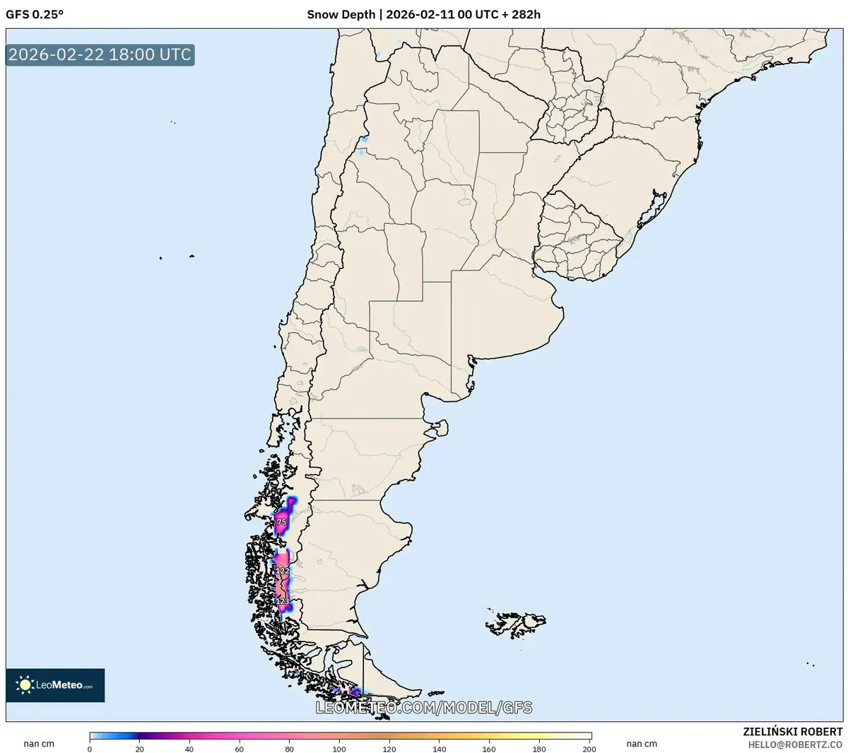 Acumulación de nieve en el área de Ushuaia el 22 de febrero de 2026 (GFS)