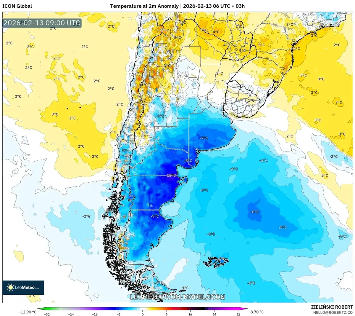 Anomalías de temperatura el 13 de febrero de 2026 (ICON)