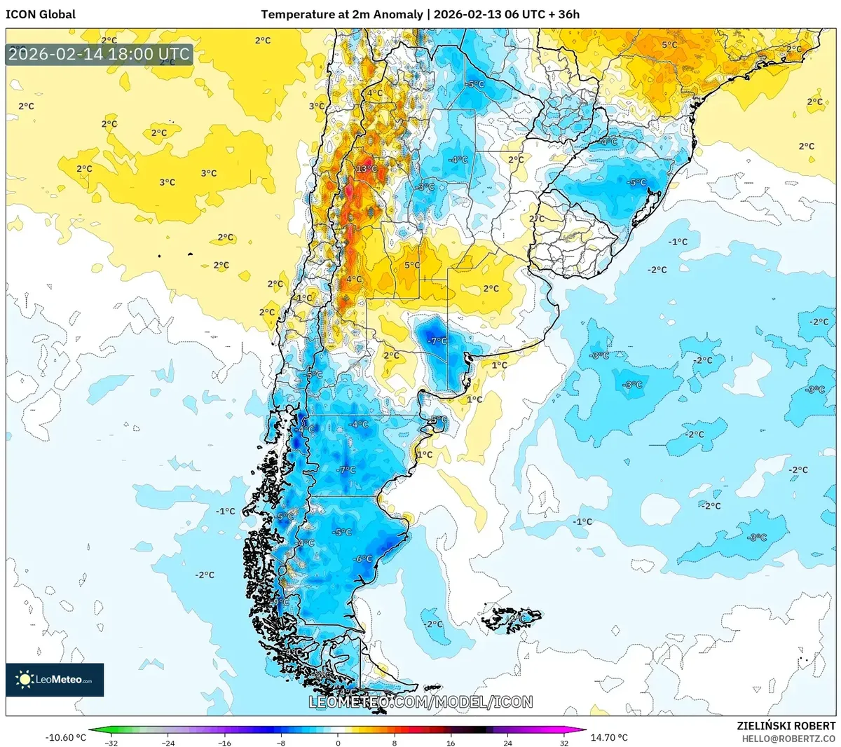 Anomalías de temperatura el 14 de febrero de 2026 (ICON)