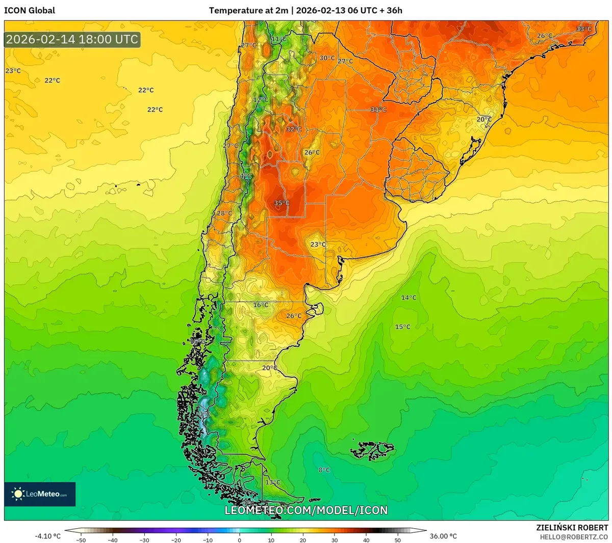 Pico de calor vespertino en Mendoza el 14 de febrero de 2026 (ICON)