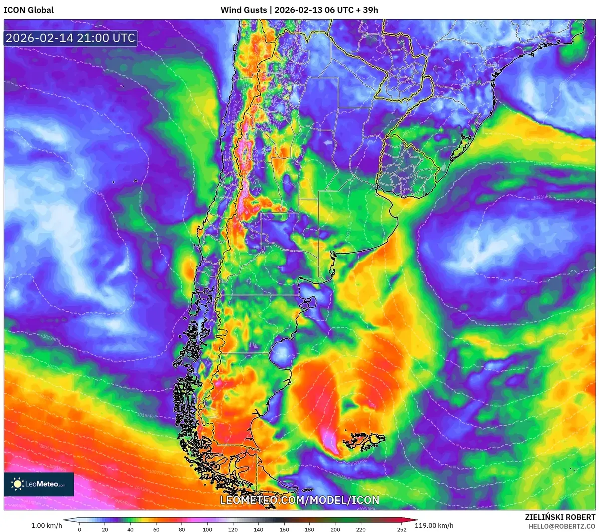 Vientos costeros fuertes cerca de Mar del Plata el 14 de febrero de 2026 (ICON)