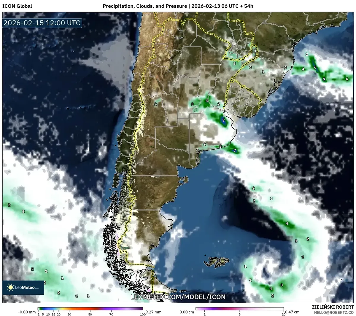 Lluvias matinales significativas en la Pampa el 15 de febrero de 2026 (ICON)