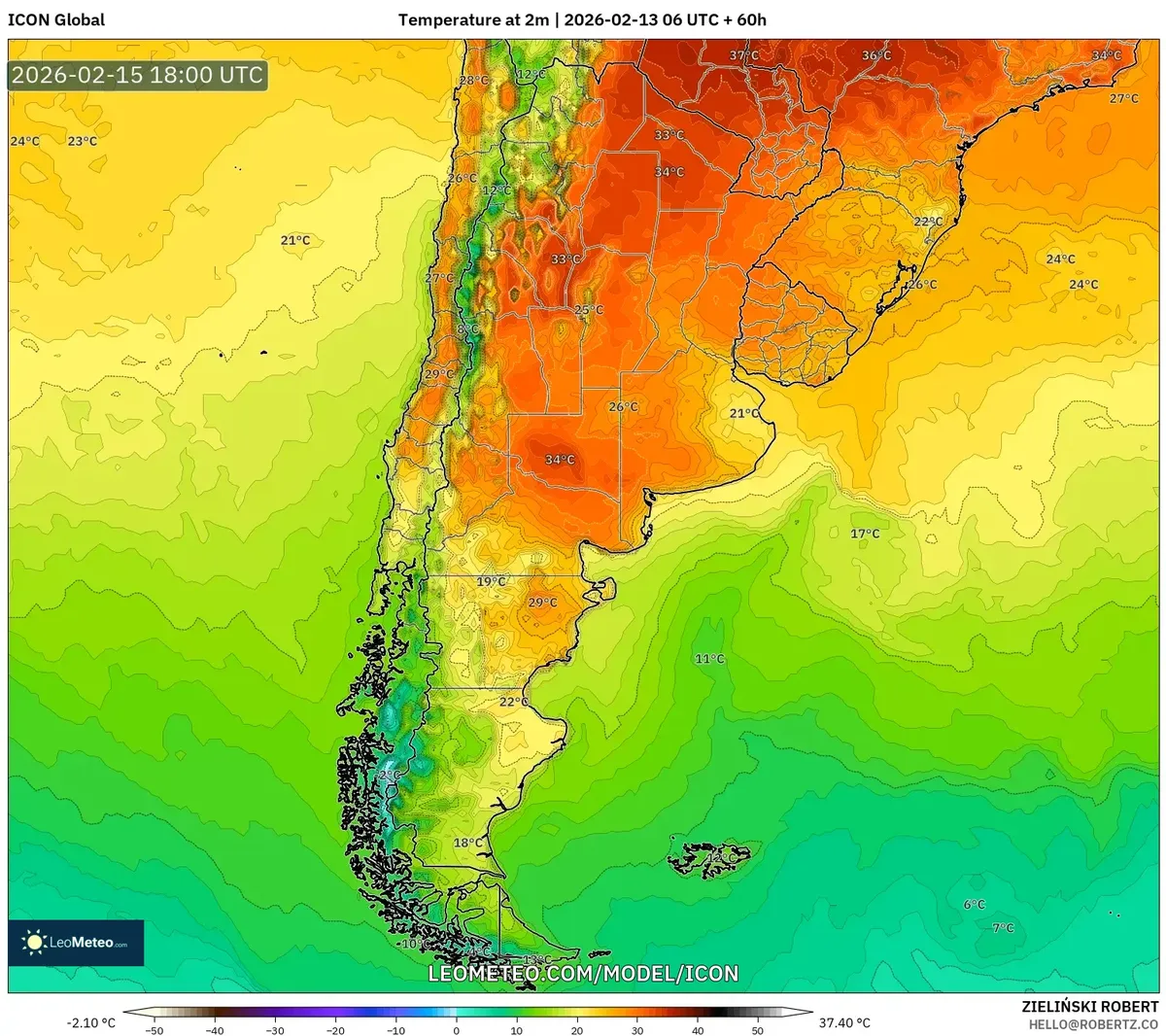 Pico de calor vespertino en el centro de Argentina el 15 de febrero de 2026 (ICON)
