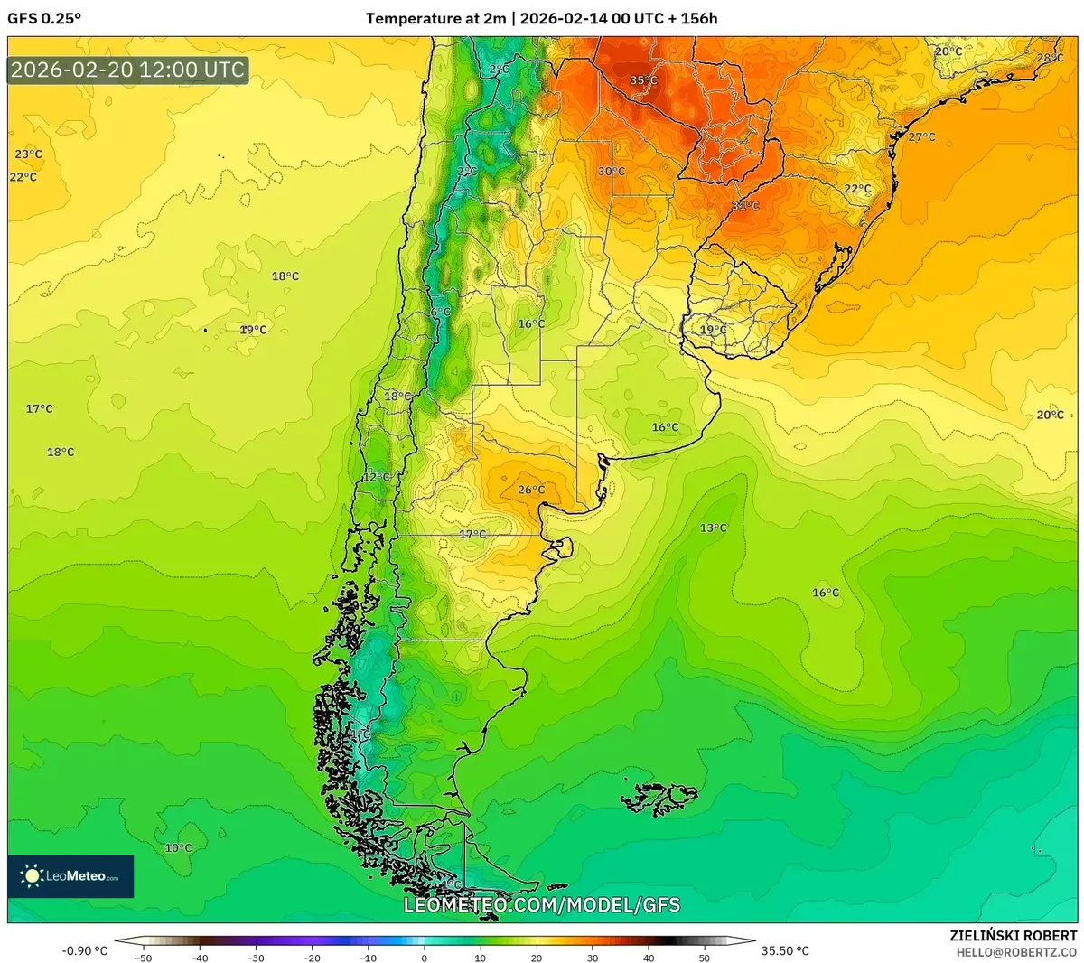Temperaturas templadas al mediodía en el norte argentino — 20 de febrero de 2026 (GFS)