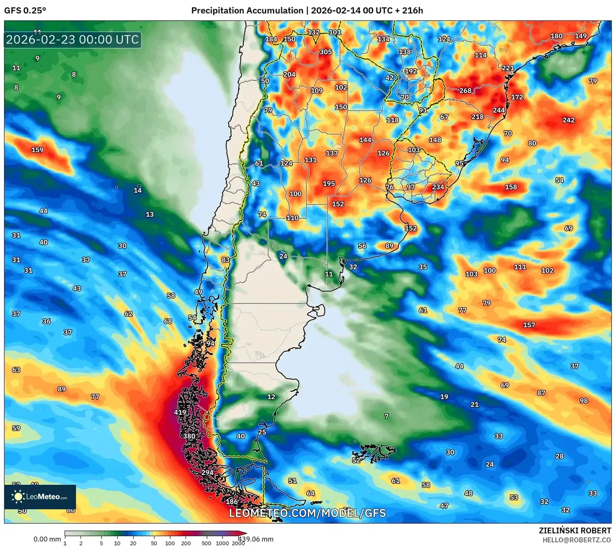 Lluvias significativas en la región de Rosario — 22 de febrero de 2026 (GFS)