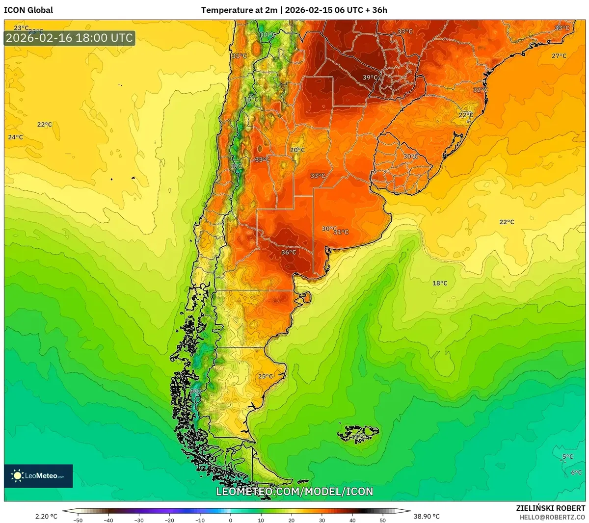 Temperaturas máximas en el centro de Argentina el 16 de febrero de 2026 (ICON)