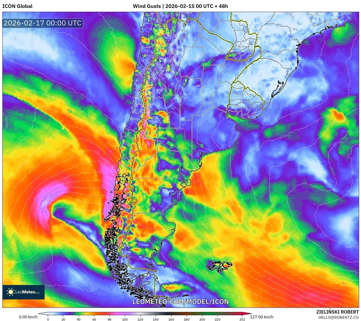 Vientos costeros intensos hacia la noche del 16 de febrero de 2026 (ICON)