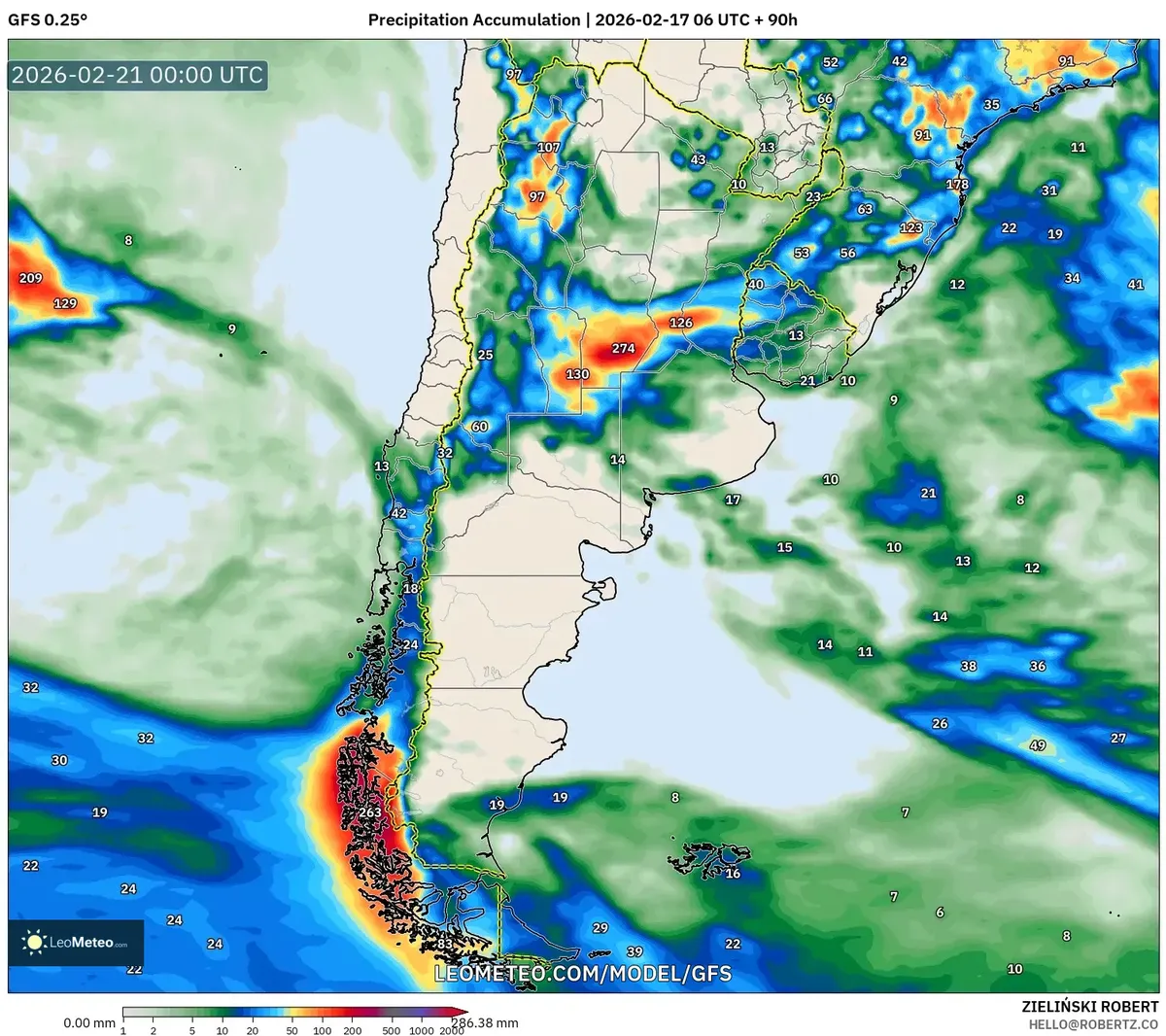 Acumulación de precipitaciones alcanza su máximo en el centro de Argentina el 20 de febrero de 2026
