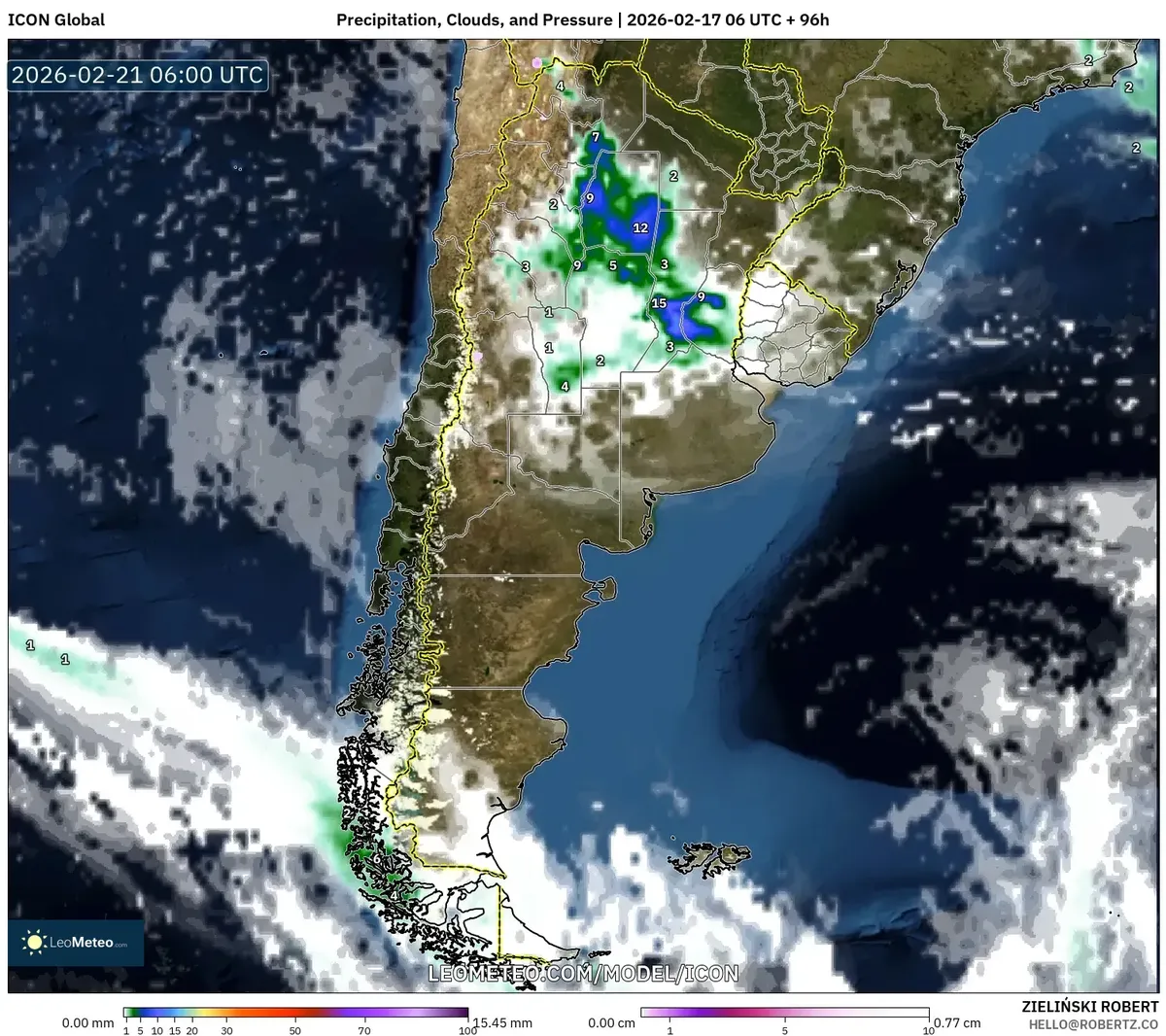 Lluvias intensas afectan al centro de Argentina el 21 de febrero de 2026