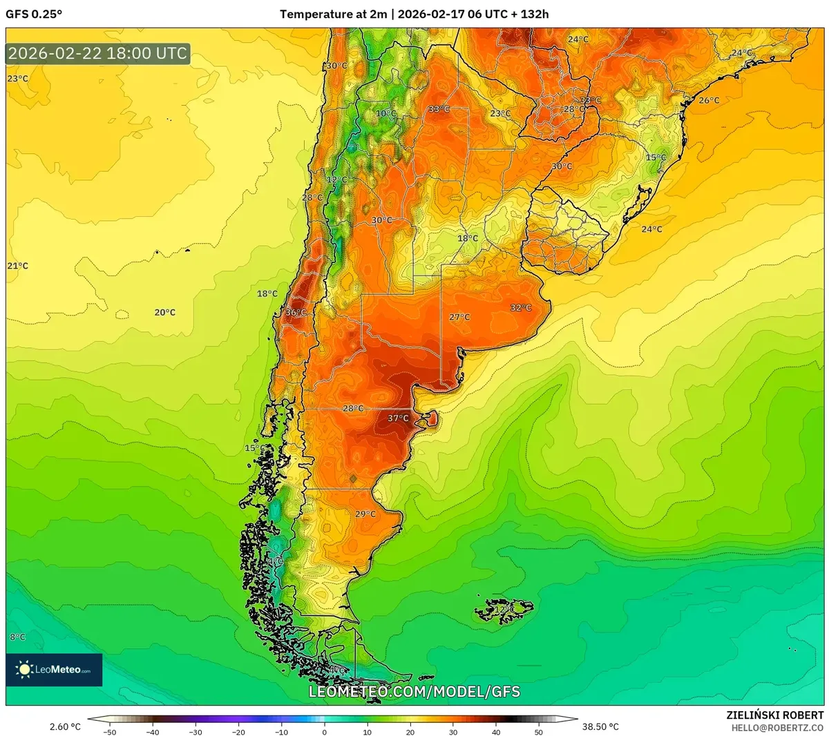 Pico de calor vespertino en el centro de Argentina el 22 de febrero de 2026