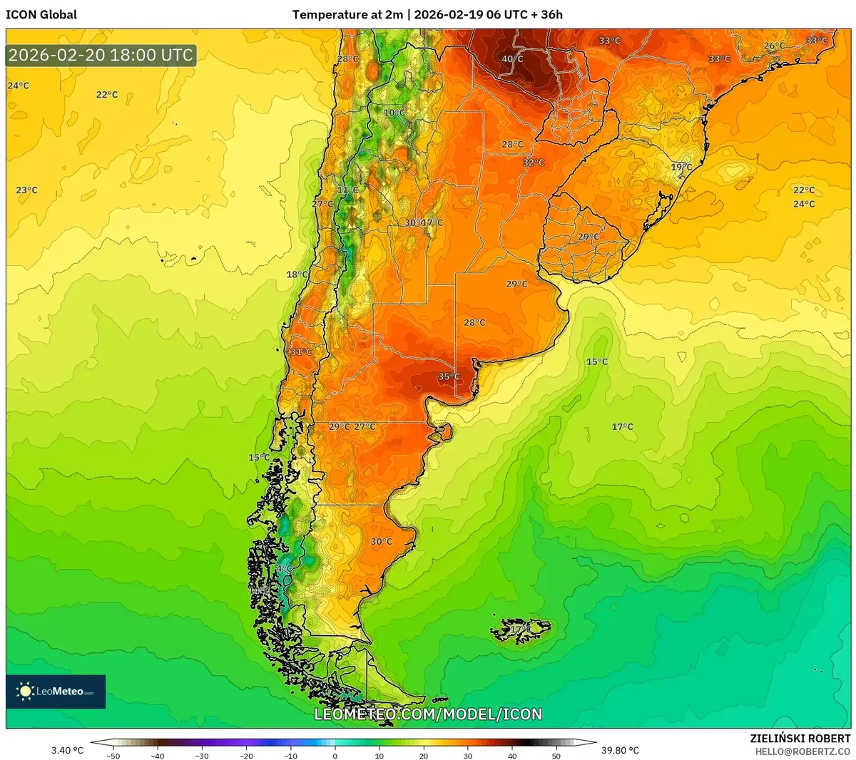 Máximas elevadas en el centro de Argentina el 20 de febrero de 2026 (ICON)