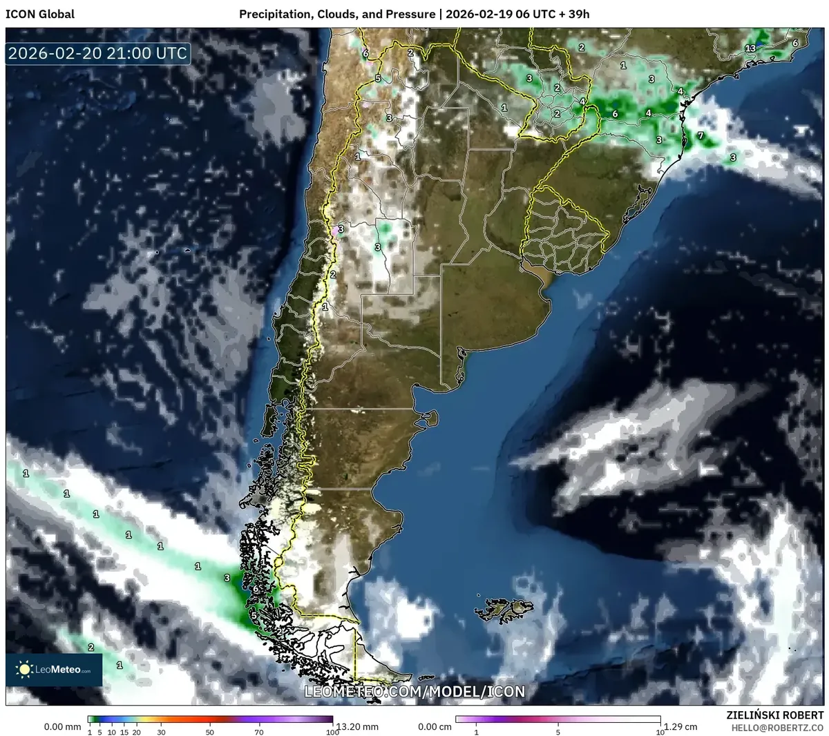 Lluvias dispersas en el norte de Argentina el 20 de febrero de 2026 (ICON)