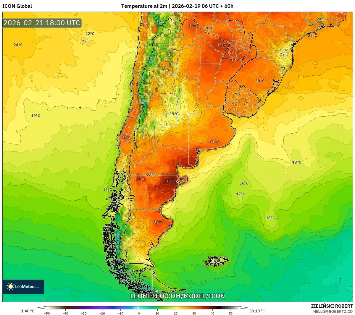 Pico de calor vespertino en el centro de Argentina el 21 de febrero de 2026 (ICON)