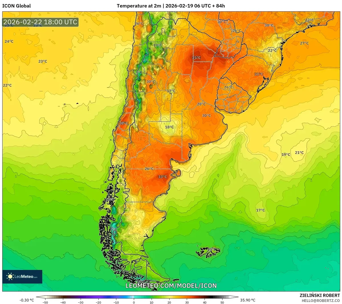 Pico de calor vespertino en la Pampa el 22 de febrero de 2026 (ICON)