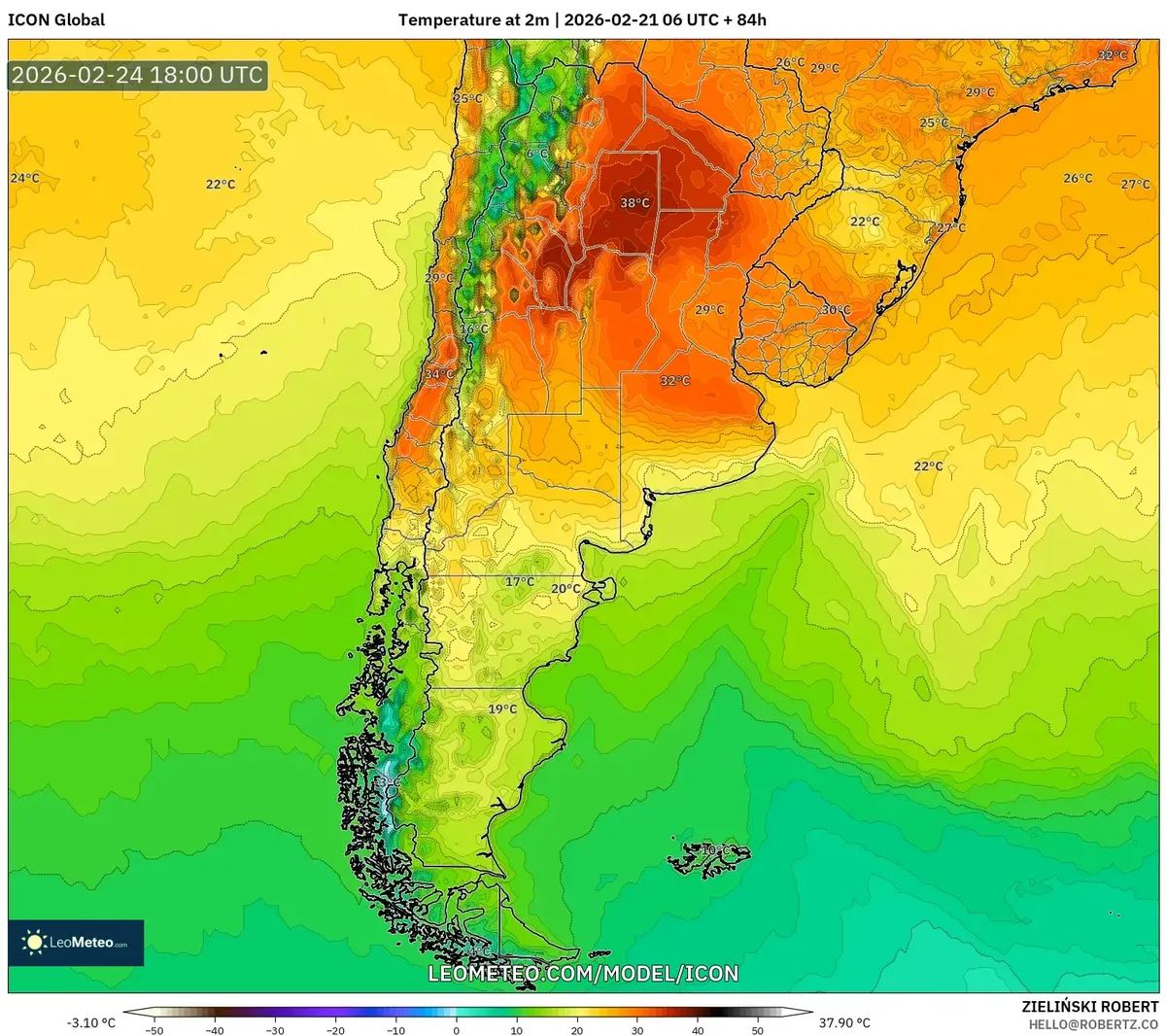 Calor extremo en el centro de Argentina el 24 de febrero de 2026