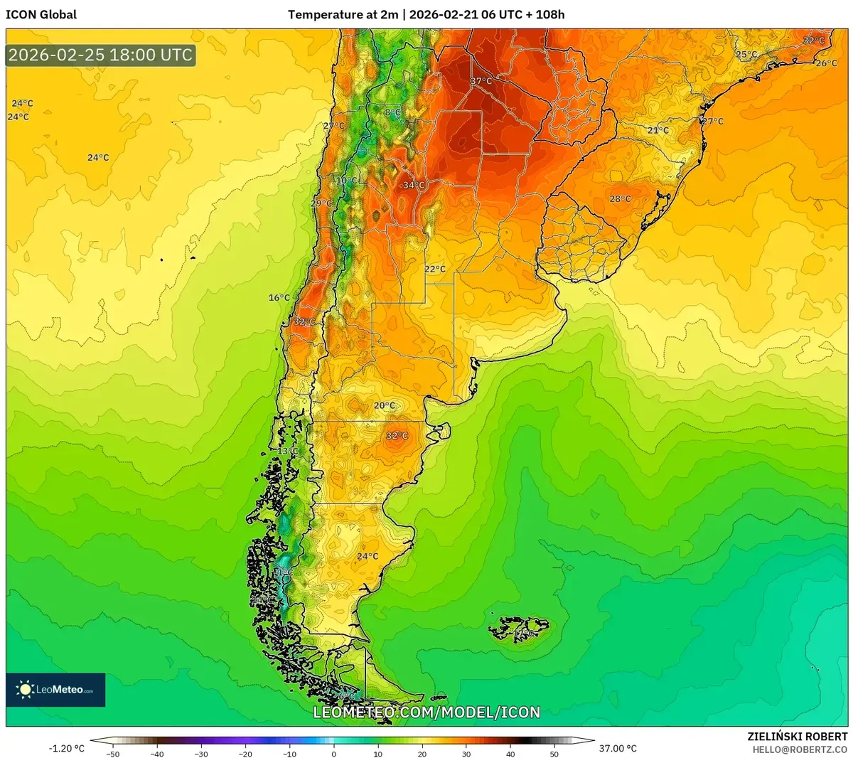 El calor vespertino se intensifica en el centro de Argentina el 25 de febrero de 2026