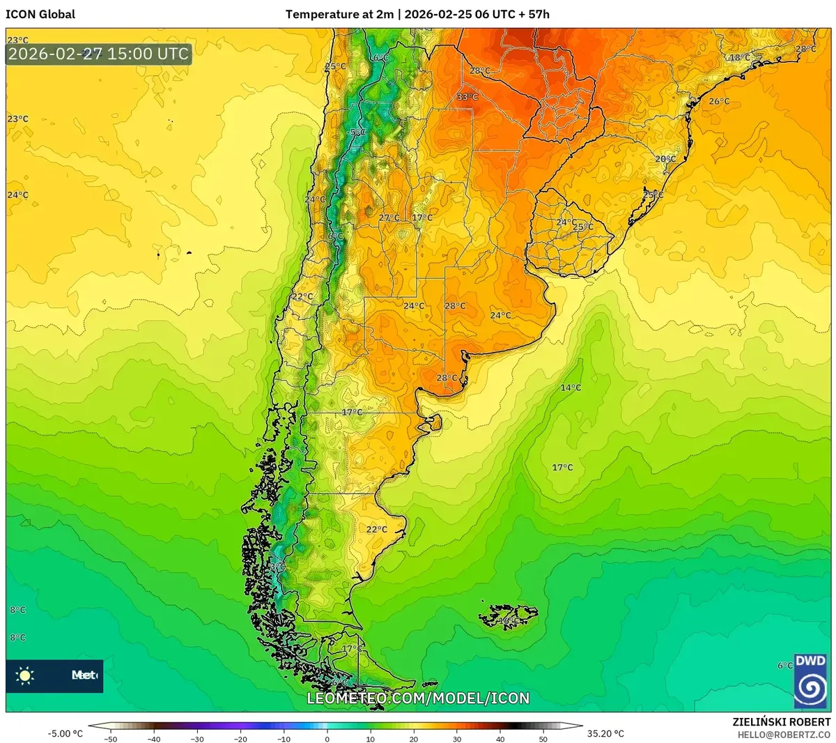 Temperaturas máximas en ascenso en Rosario el 27 de febrero de 2026 (ICON)