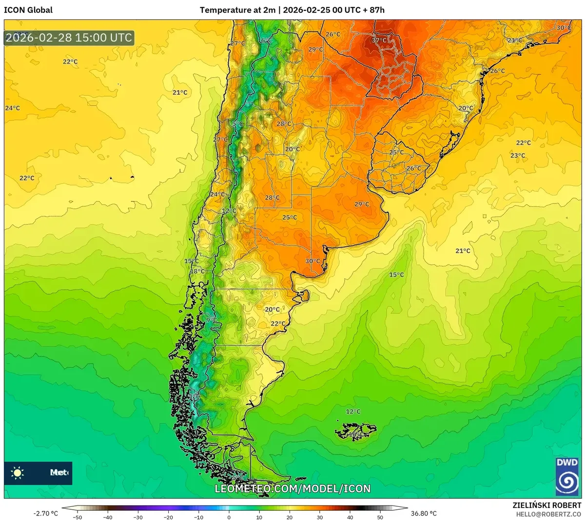 Pico de temperaturas en el centro de Argentina el 28 de febrero de 2026 (ICON)