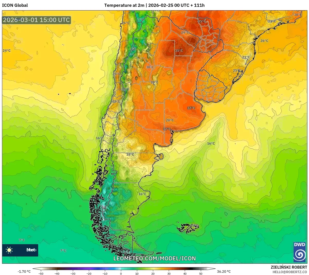 Calor récord en el centro de Argentina el 1 de marzo de 2026 (ICON)