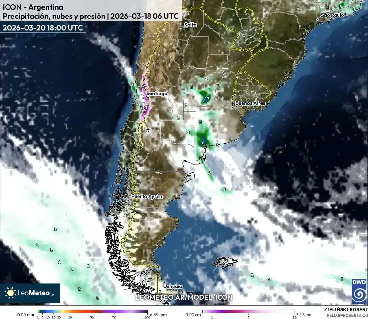Chaparrones dispersos sobre el centro de Argentina, 20 de marzo de 2026 (ICON)