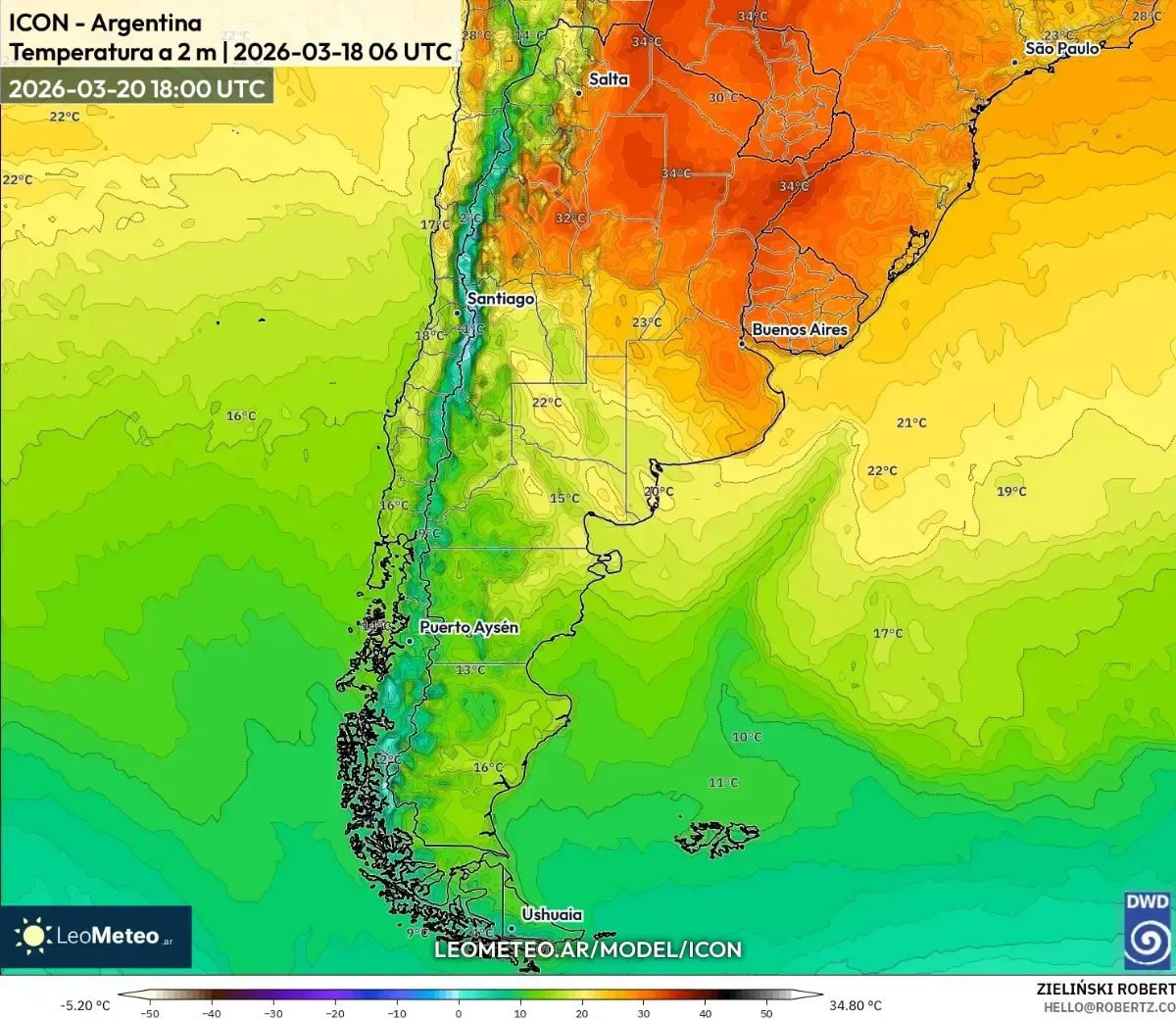 Temperaturas máximas en su pico sobre las llanuras del norte, 20 de marzo de 2026 (ICON)