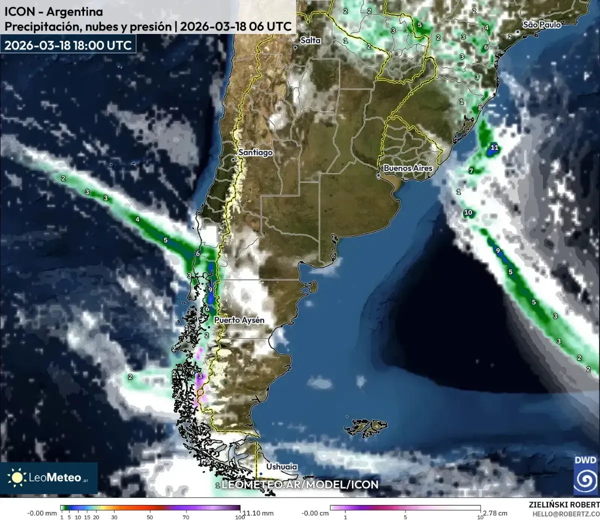 Chaparrones vespertinos persisten en el este de Argentina, 21 de marzo de 2026 (ICON)