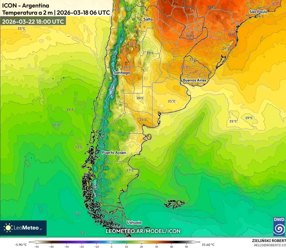 El calor vespertino alcanza su pico en el centro de Argentina, 22 de marzo de 2026 (ICON)