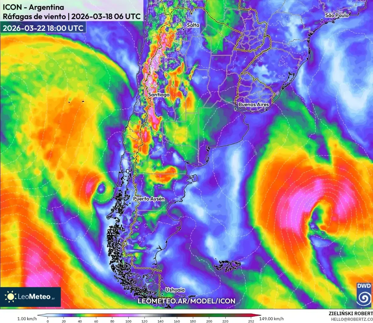 Ráfagas de viento sobre la costa atlántica, 22 de marzo de 2026 (ICON)
