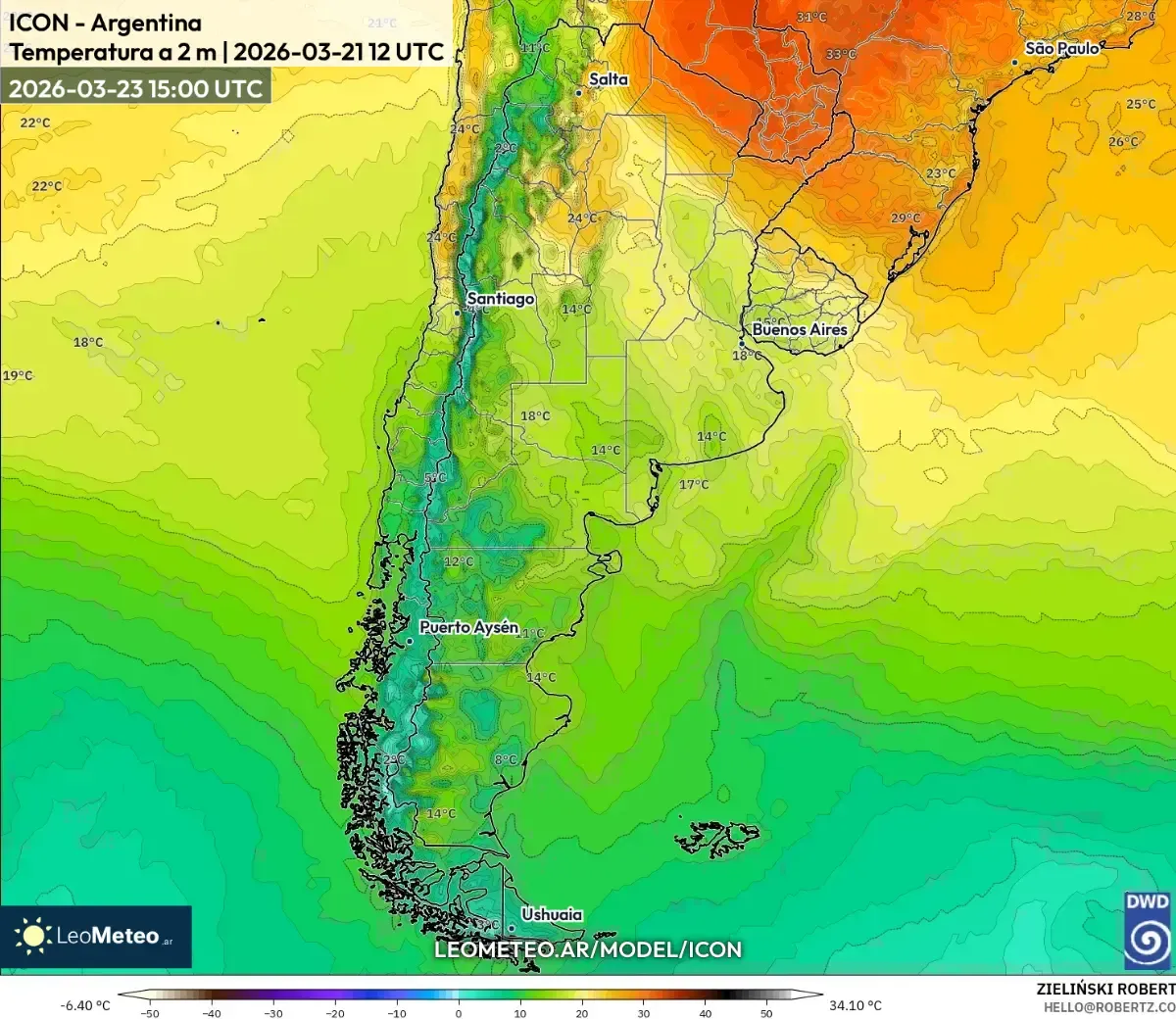 Tardes cálidas en el centro de Argentina, 23 de marzo de 2026 (ICON)