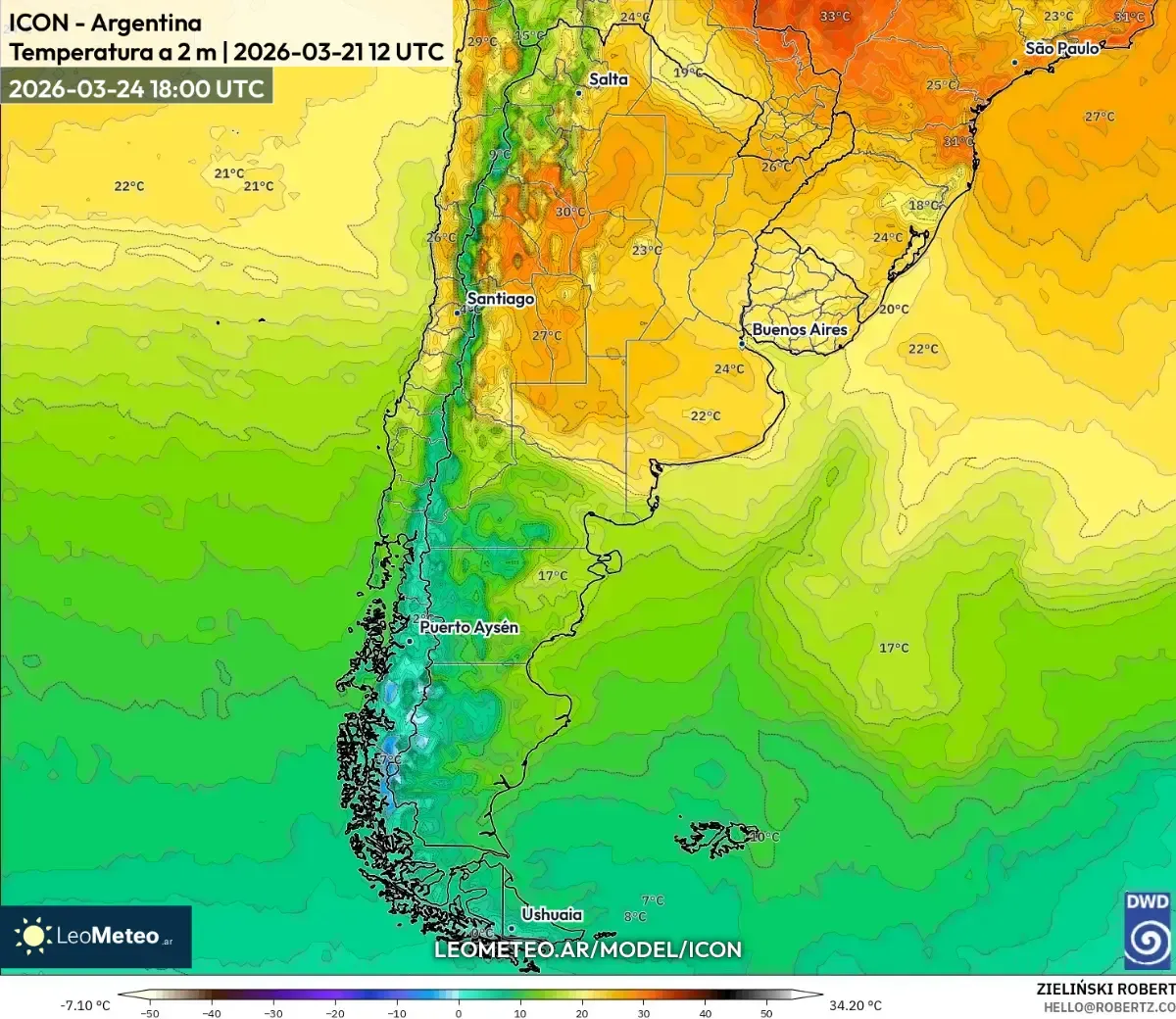 Máximos vespertinos en la Pampa, 24 de marzo de 2026 (ICON)