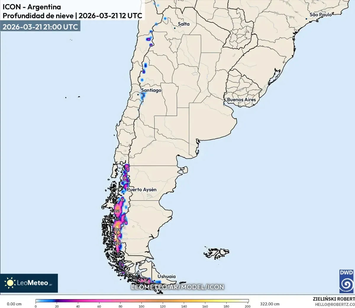 Acumulación significativa de nieve en el área de Ushuaia, 25 de marzo de 2026 (ICON)
