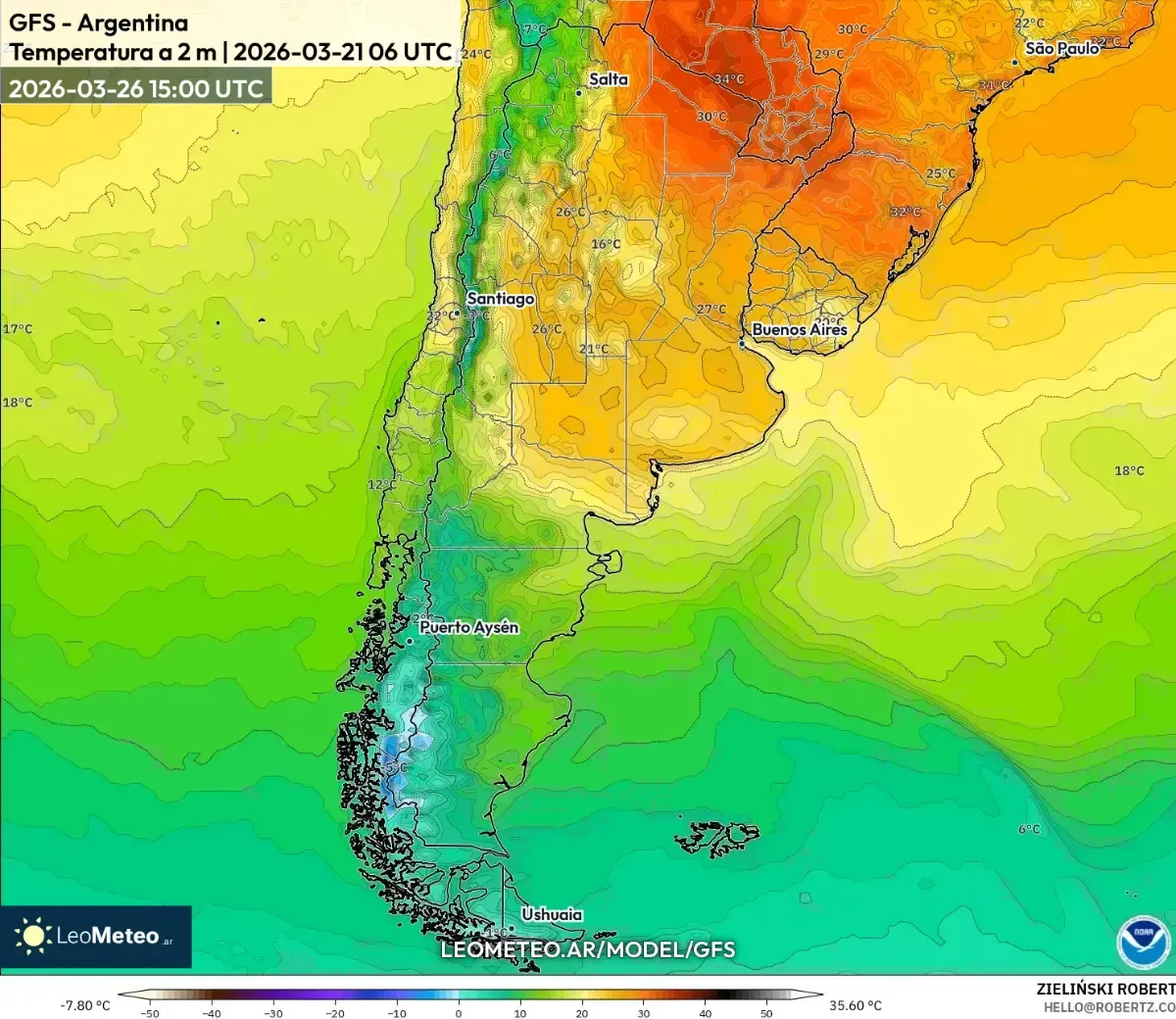 Temperaturas templadas al mediodía en el centro de Argentina, 26 de marzo de 2026 (GFS)