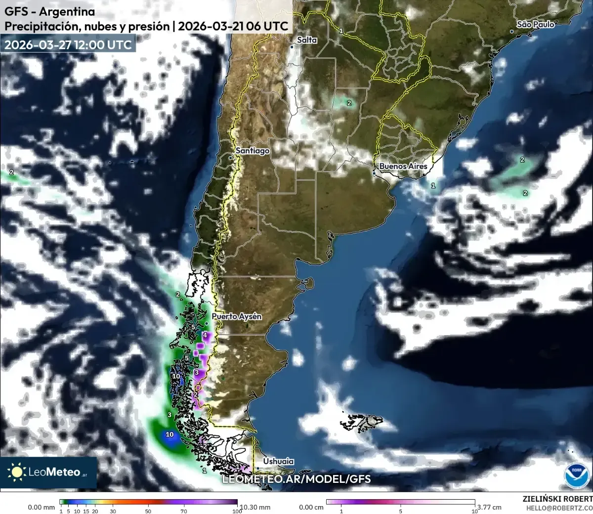 Posibles chaparrones cerca de La Plata el 27 de marzo de 2026 (GFS)