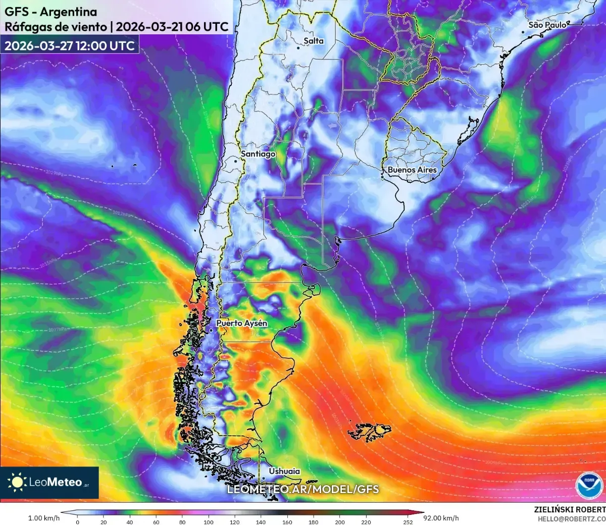 Vientos moderados en el área de Buenos Aires, 27 de marzo de 2026 (GFS)