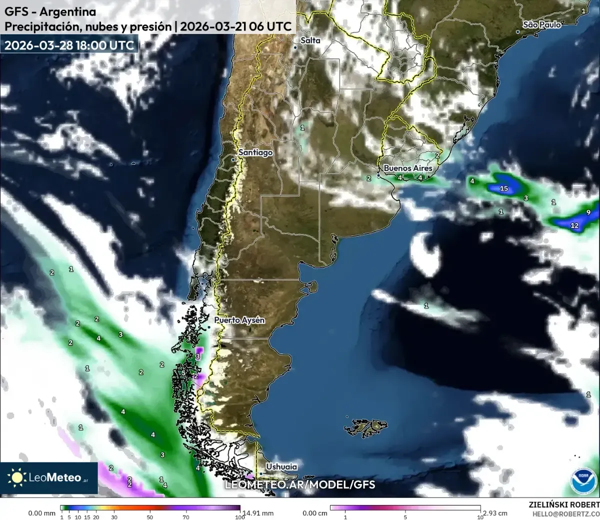 Chaparrones en la región de La Plata en la tarde del 28 de marzo de 2026 (GFS)