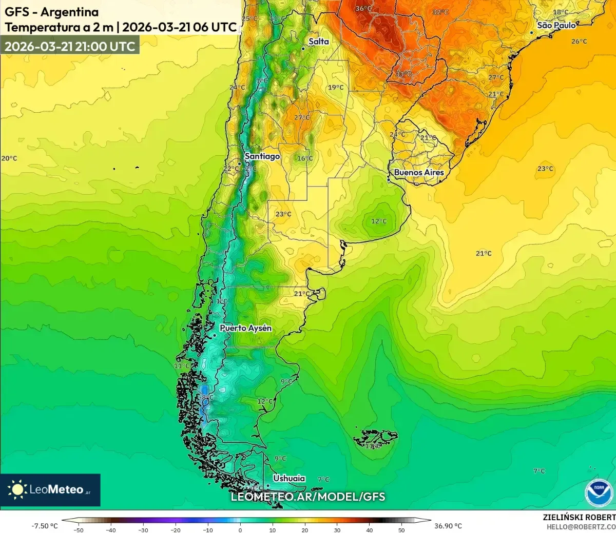Tardes cálidas en el centro de Argentina, 28 de marzo de 2026 (GFS)