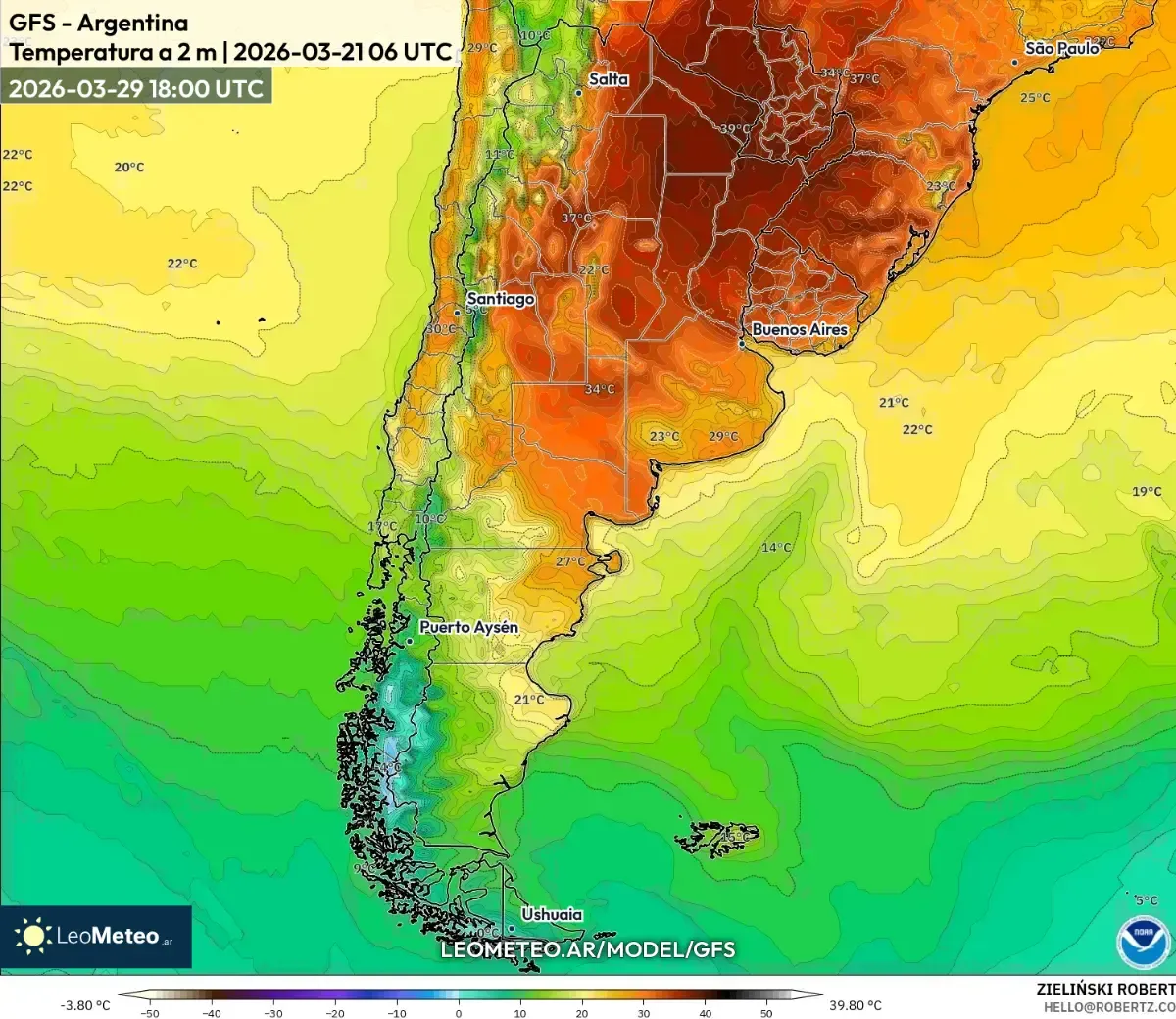 Máximas cálidas en el centro de Argentina, 29 de marzo de 2026 (GFS)