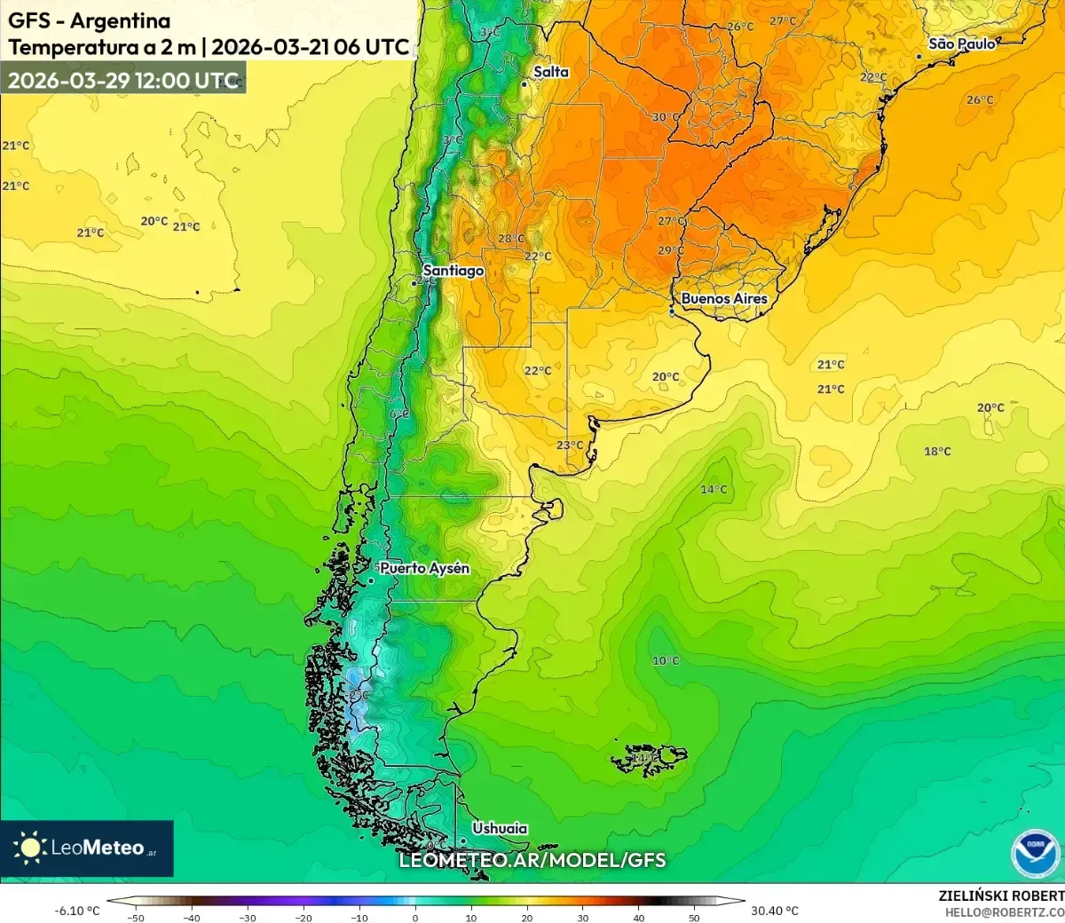 Picos de temperatura al mediodía en la Pampa, 29 de marzo de 2026 (GFS)