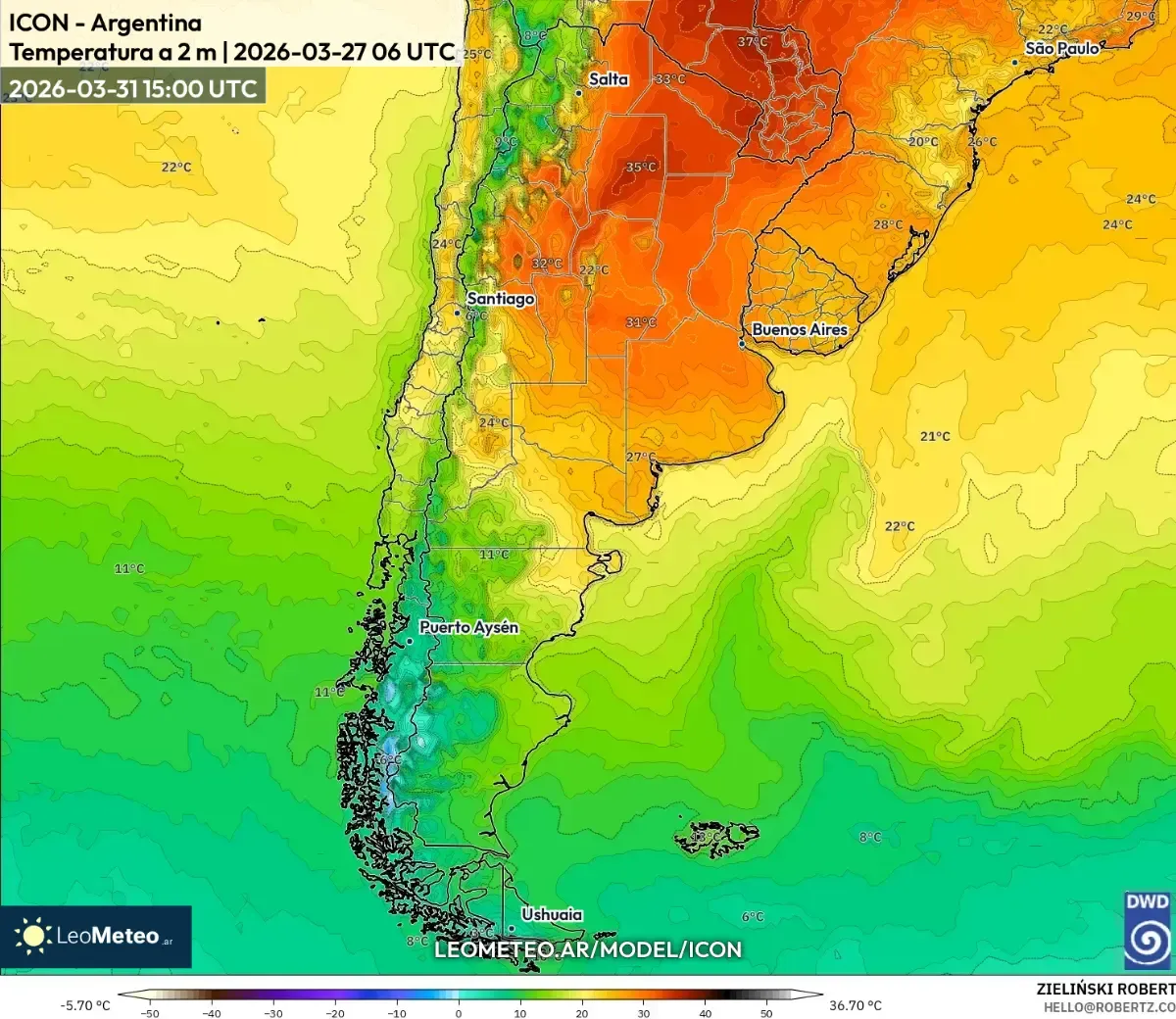 Temperaturas máximas en el centro de Argentina el 31 de marzo de 2026 (ICON)